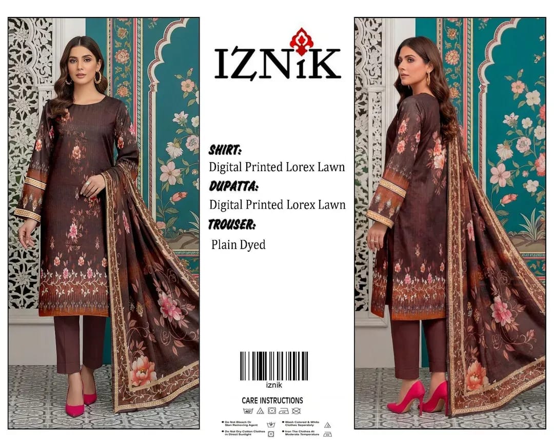 3 Pcs Women's Digital Print Lawn Suit Brown